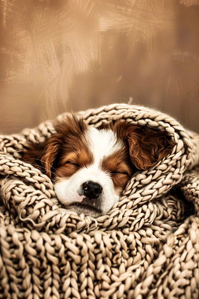 Slapende puppy in gebreide deken van Art & Soul Creations