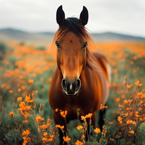 Paard in een bloeiende wei