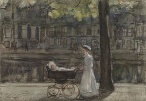 Dienstmeisje met kinderwagen op de Keizersgracht, Isaac Israels