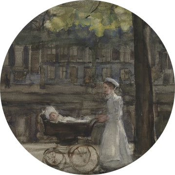 Dienstmeisje met kinderwagen op de Keizersgracht, Isaac Israels