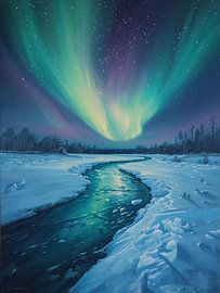 Aurora Borealis Over Frozen Winter River Oil Painting Style by Artistic