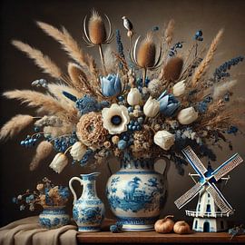 Delft blue flower vase with tulips and field bouquet - classic Dutch still life by Kleurenrijk