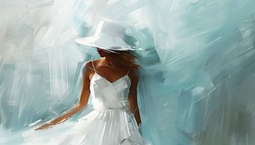 Femme en robe blanche et chapeau panorama abstrait sur TheXclusive Art