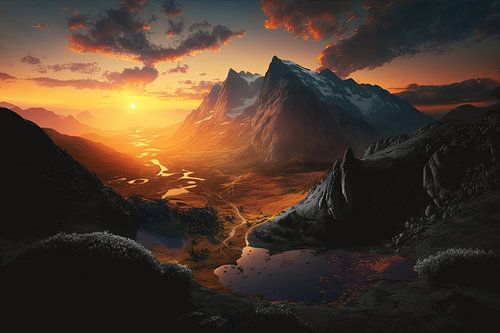 Mountainous Contrast: Orange Sunset