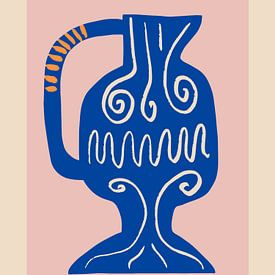 Blue vase or water jug with line drawing by Renske