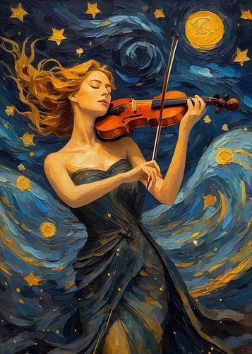 Femme jouant du violon dans une nuit étoilée