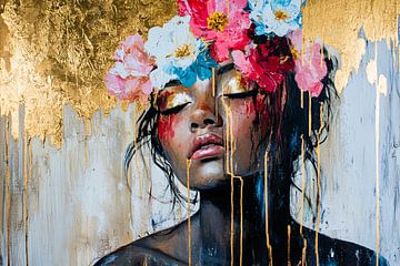 vrouw met bloemen en goud van Imperial Art House
