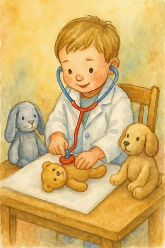 De pluche dierendokter (AI) (knuffels, verkleedkleren, kinderspel, speelkamer, peuterspeelzaal, kinderkunst, schilderij)  )