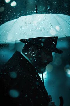 Lichtspel in de regen, man onder paraplu van fernlichtsicht
