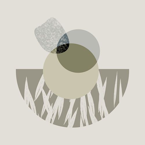 Abstraktes Kunstwerk mit runden Formen und Texturen in Salbeigrün und Beigetönen