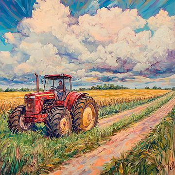 Landschap met rode tractor van Poster Art Shop