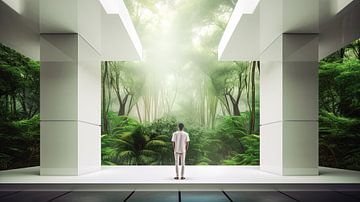 Bos, architectuur, een man in een panorama