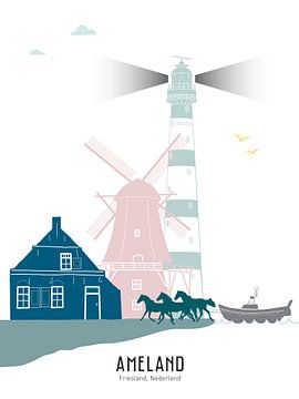 Skyline illustratie waddeneiland Ameland in kleur van Mevrouw Emmer