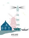 Skyline illustration of the Frisian island of Ameland in color by Mevrouw Emmer thumbnail
