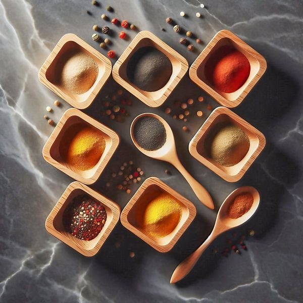 Toutes sortes d'épices dans des bols en bois avec des cuillères par Jolanda de Jong-Jansen