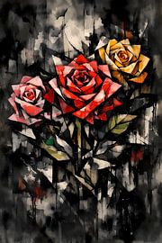 Symphonie géométrique de roses – Œuvre d'art abstraite en rouge, jaune et rose sur ButterflyPix