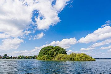 Uitzicht op het eiland Möwenburg voor Zarrentin am Schaalsee