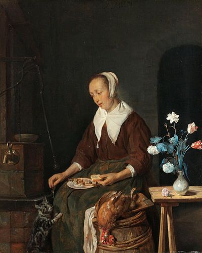 Vrouw aan de maaltijd, bekend als ‘Het ontbijt van de kat’, Gabriël Metsu