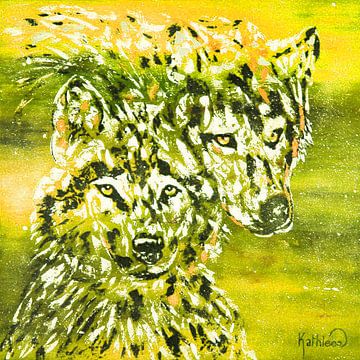 Gele winterwolf van Kathleen Artist Fine Art