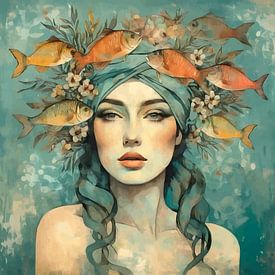 Surreales Frauenporträt mit Fisch-Illustration von MIROKKU