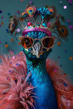 Kleurrijke pauw met retro bril viert grappig 60e verjaardagsfeestje van Felix Brönnimann