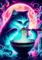 Katze frisst Nudel