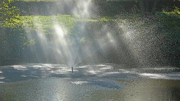 Sonnenstrahlen durch den Brunnen im Teich