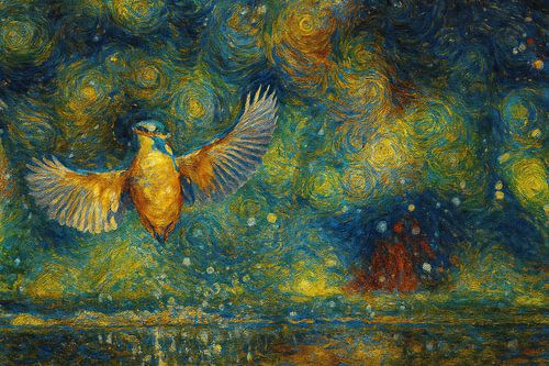 IJsvogel in kleur en beweging, als van Gogh geschilderd