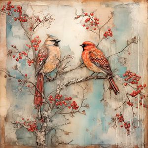 Vögel in einem Baum mit roten Beeren von Carla van Zomeren