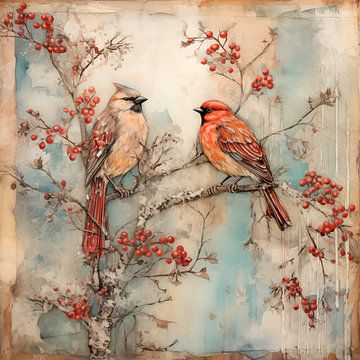 Vogels in een boom met rode bessen