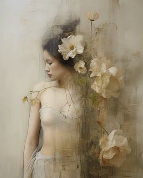 Portret met een zachte uitstraling in pastelkleuren, wabi-sabi stijl van Carla Van Iersel