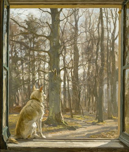 Landschap door raam met hondje, Willem Bastiaan Tholen