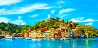 Portofino Dorf, Panoramablick. Ligurien, Italien