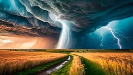 Tornado storm, bliksem en donkere wolken in het landschap