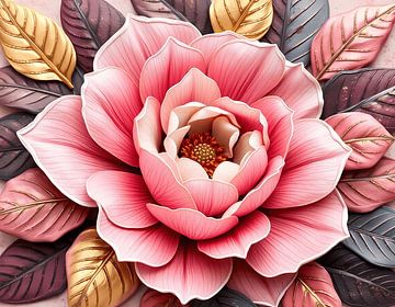 Roze bloesem met decoratieve bladeren van Artistic