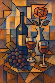 Wine with bottle, grapes and flower painting. by Johannes