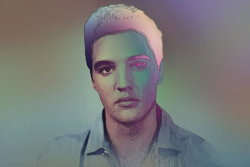 Elvis Presley Modernes abstraktes Porträt in Blau, Orange, Lila von Art By Dominic