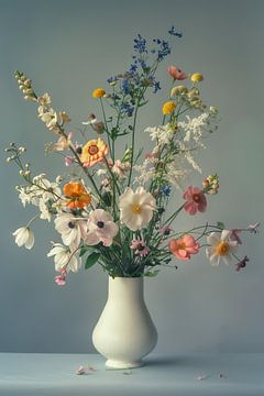 Een Witte Vaas met Kleurrijke Bloemen: Elegantie in Zachtgrijze en Beige Tinten van Thea