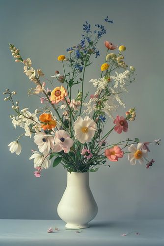 Een Witte Vaas met Kleurrijke Bloemen: Elegantie in Zachtgrijze en Beige Tinten