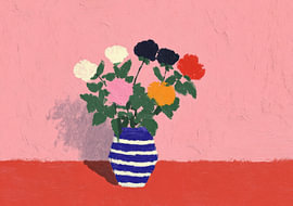 Kleurrijke bloemen in een gestreepte vaas tegen een roze achtergrond van Niklas Maximilian