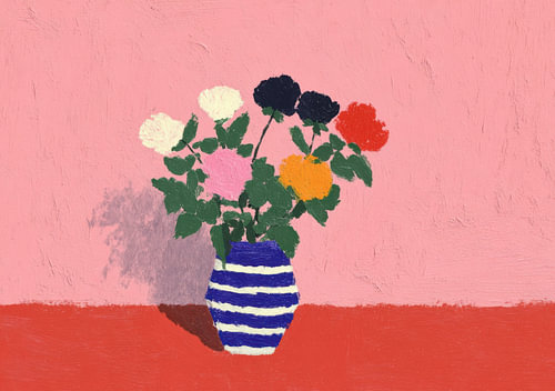 Colourful flowers in a striped vase against a pink background by Niklas Maximilian