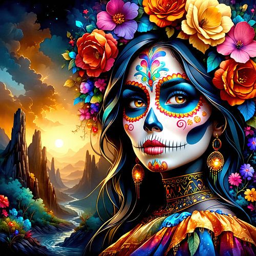 La Catrina la femme-mort entre fleur, rivière et étoiles - Une femme mexicaine sous le signe du Día de los Muertos sur le chemin silencieux entre mémoire, paysage et éternité