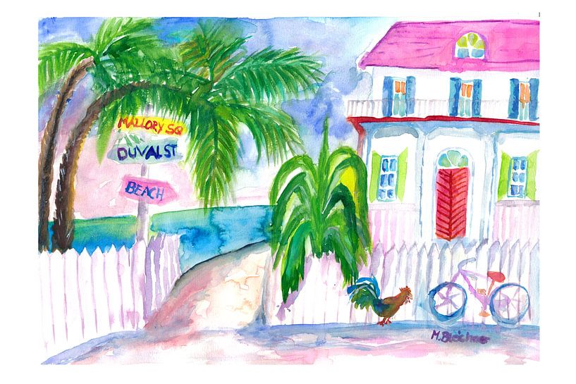 Key West Pink House and signpost with bicycle by Markus Bleichner