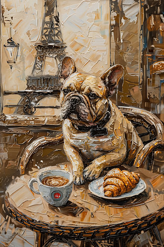 Een Franse buldog ontbijt in een Parijs café