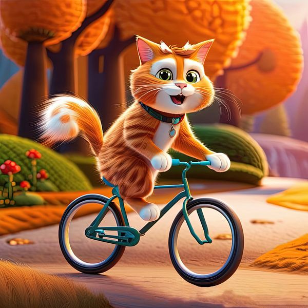 Cat riding a bicycle van Laly Laura
