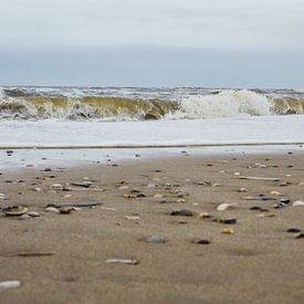 Golven aan strand met schelpen van Moniek van Rijbroek