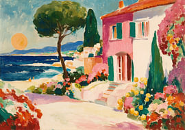 Mediterranean coastal landscape with a pink villa and a pine tree by Niklas Maximilian