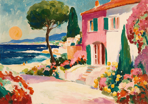 Mediterranean coastal landscape with a pink villa and a pine tree