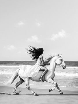 Boho Paarden Meisje Zwart Wit Strand Fotografie van Dagmar Pels