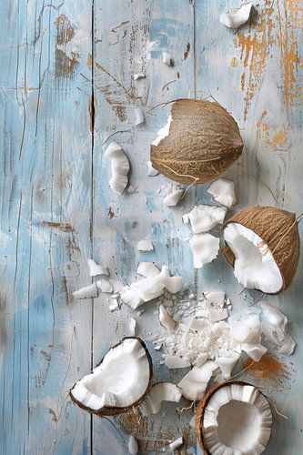 Kokosnoten op een blauw houten bord